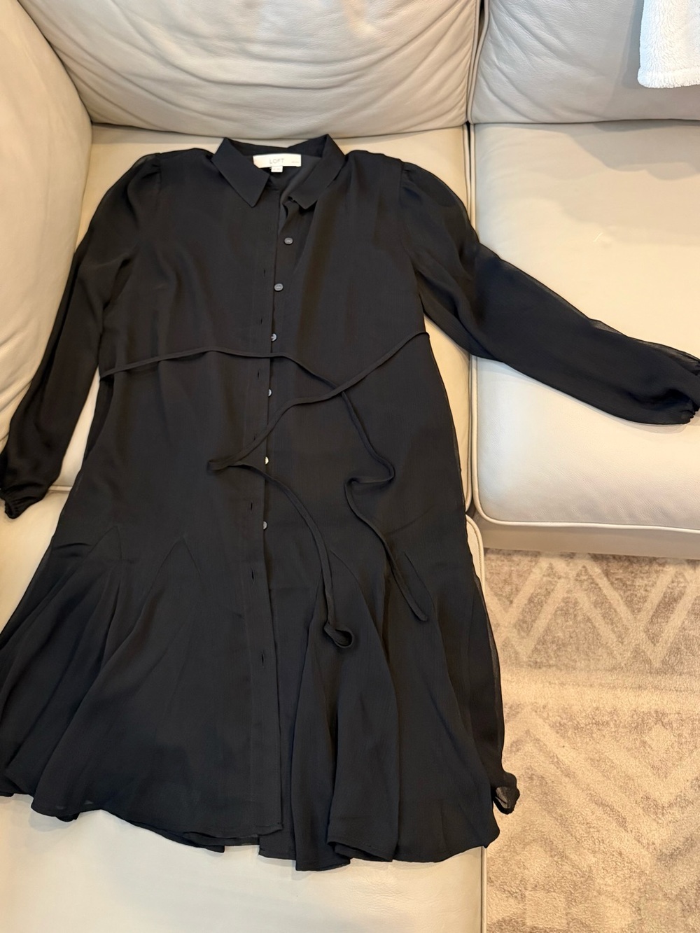 LOFT Black Long-Sleeve Button-Front Tie-Waist Shirt Dress